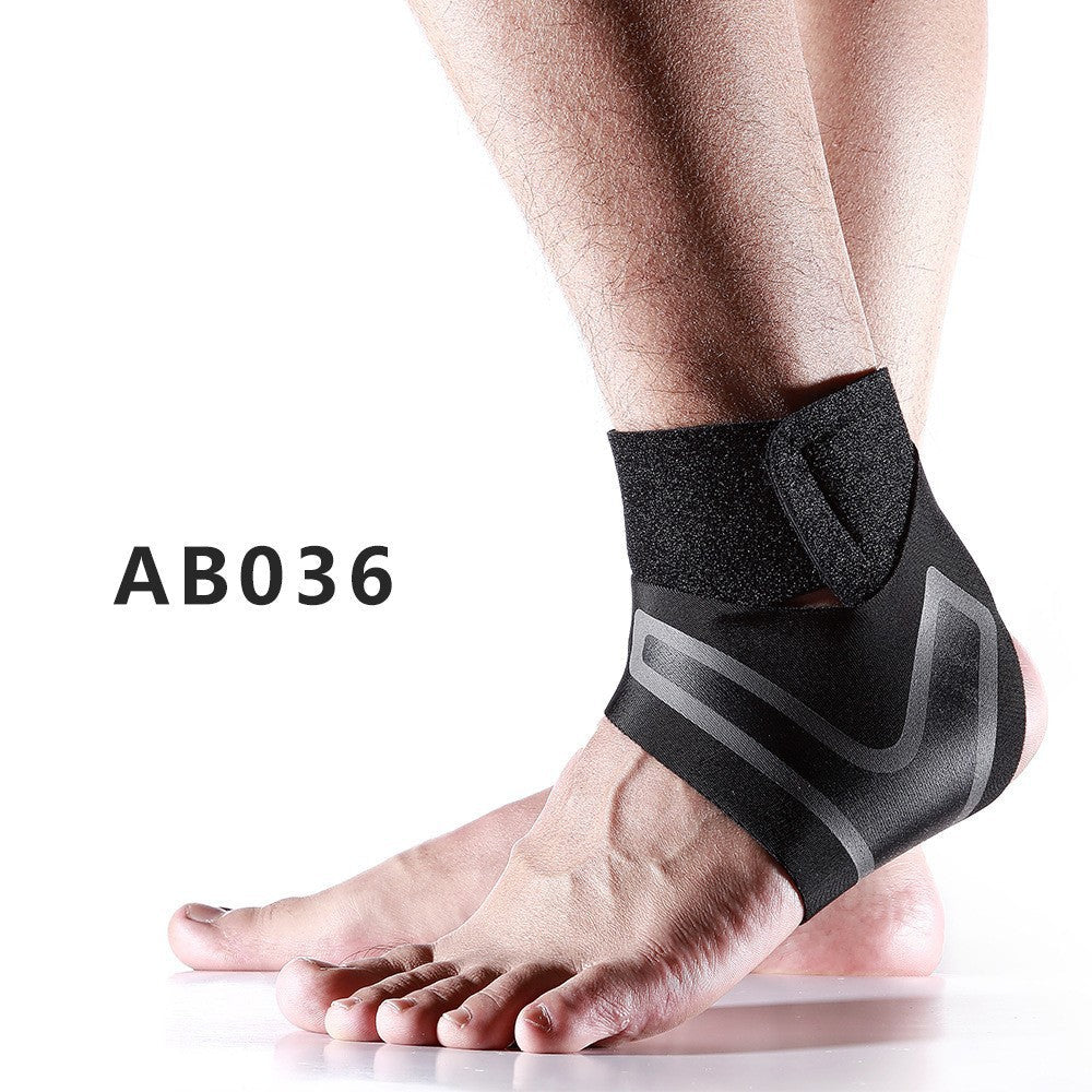 Ankle support brace on a person's foot with text indicating product code AB036.