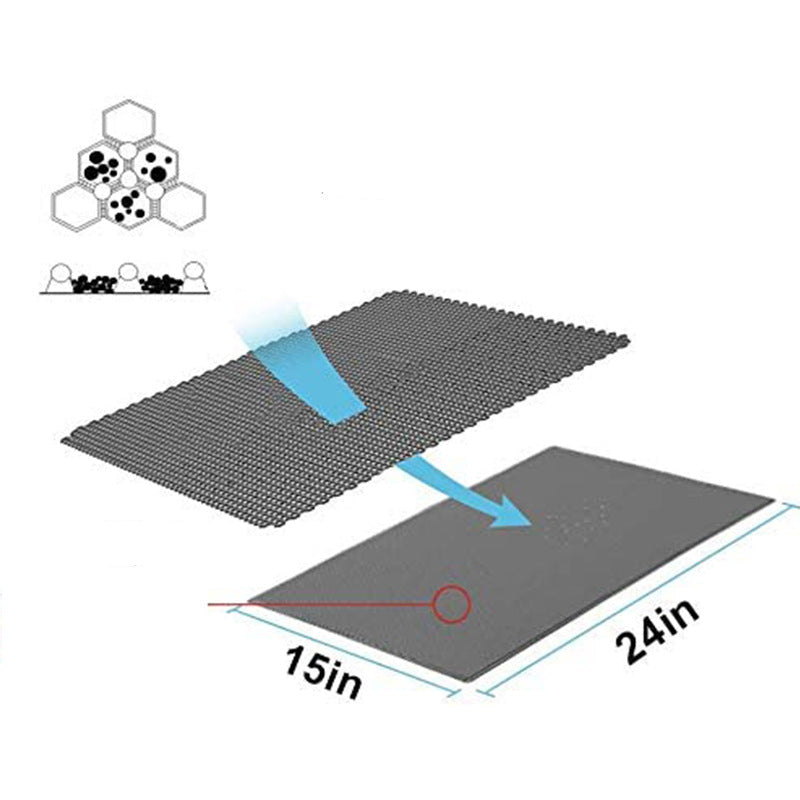 Illustration of a gray mat with measurements and text on a white background