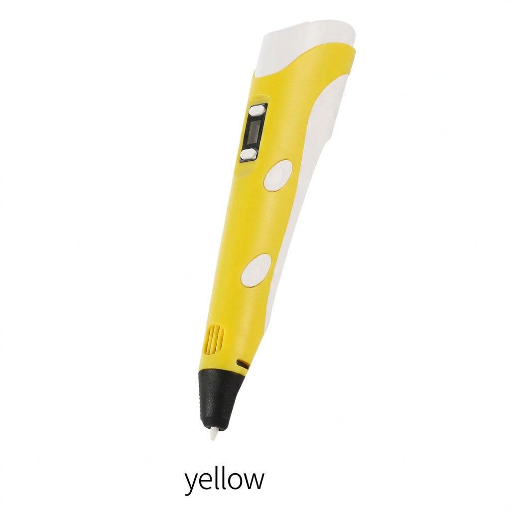 A yellow 3D printing pen with a white and yellow body, featuring a digital display screen and three white circular buttons, shown on a white background with the word 'yellow' printed below.