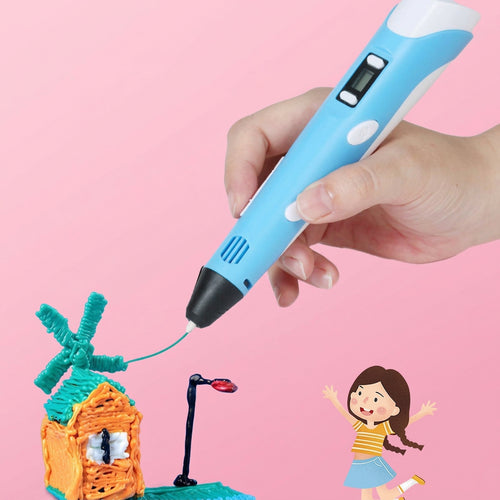 A light blue 3D printing pen held by a hand, shown drawing a small green windmill on a pink background with Chinese promotional text and cartoon graphics.