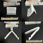 A collage showing a white folding phone stand in four views on a dark background, with books behind it. The English text overlays indicate the two modes: square stand and triangular stand.