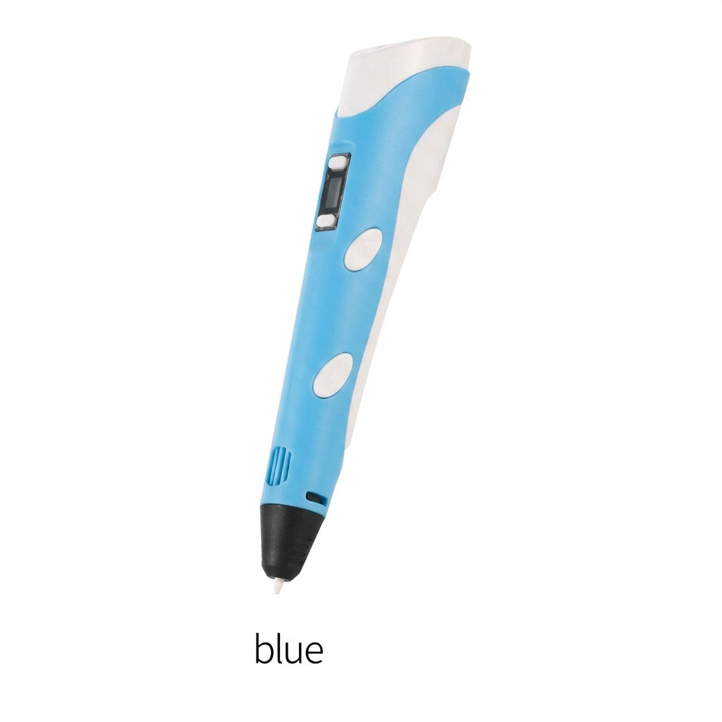 A 3D printing pen in light blue and white, shown diagonally on a white background with the word 'blue' printed below it.