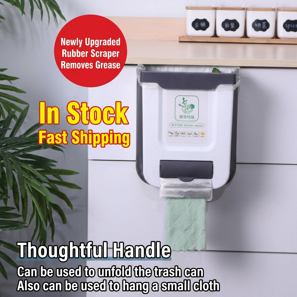 A kitchen wall-mounted trash can with a pull-out handle and a hanging light green cloth, shown installed on white cabinets. The image includes English promotional text overlays and a red badge with product features.