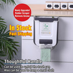 A kitchen wall-mounted trash can with a pull-out handle and a hanging light green cloth, shown installed on white cabinets. The image includes English promotional text overlays and a red badge with product features.