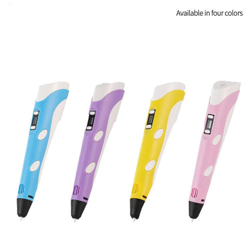 Four 3D printing pens are shown in blue, purple, yellow, and pink, displayed side-by-side on a white background.