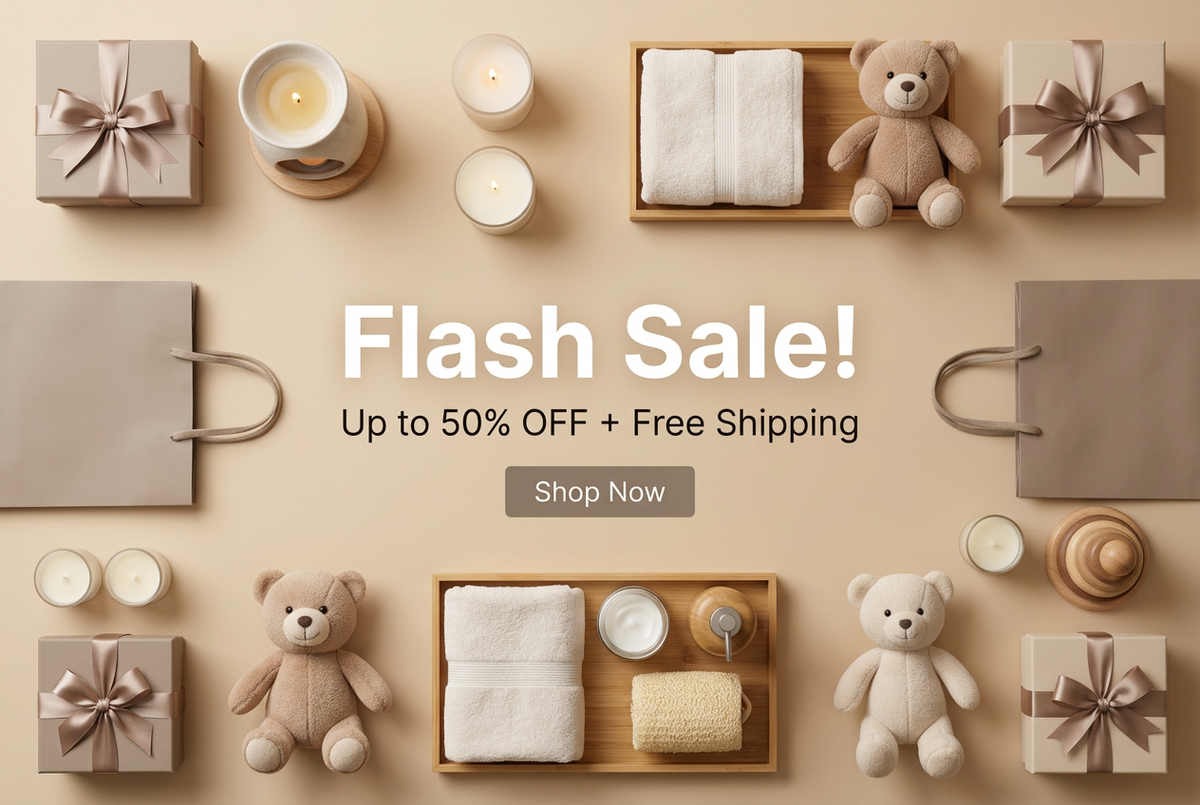 Promotional sale graphic with the text 'Flash Sale! Up to 50% OFF + Free Shipping' and a 'Shop Now' button over a styled arrangement of bath and self-care items, including towels, soap dispenser, candles, gift boxes, teddy bears, and wooden toys, on a warm beige background.